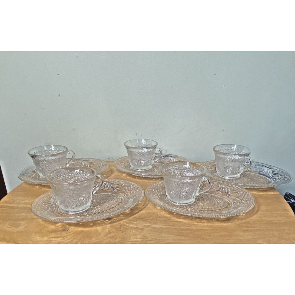 Vintage Tiara Chantilly Clear Glass Sandwich Oval Snack Plate with Cups Set of 5